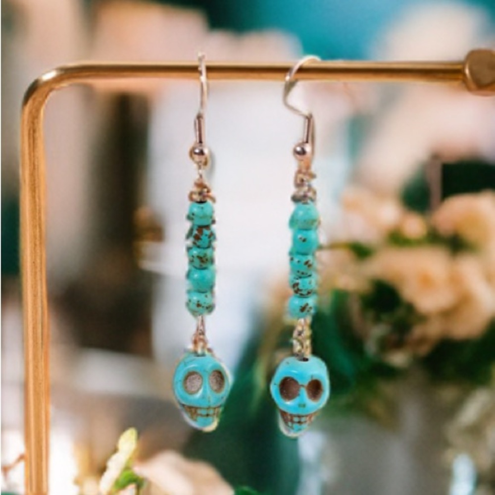 Turquoise Bead Skull Dangle Earrings